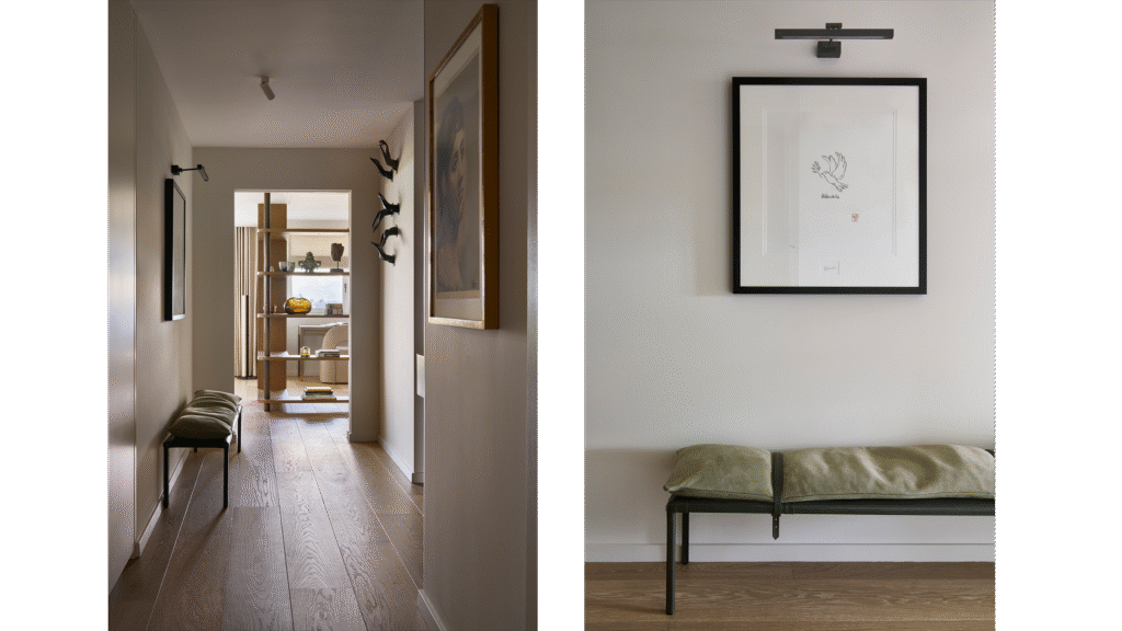 Framed lithograph by Nelson Mandela above bench.