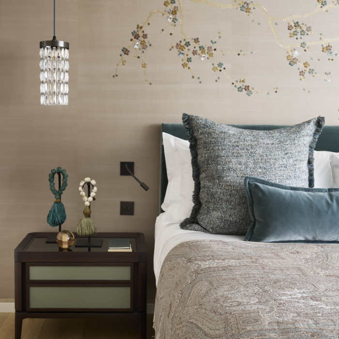 Fromental silk embroided wallcovering in bedroom
